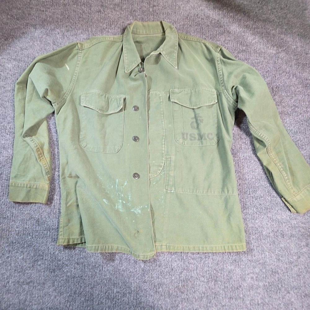USMC Shirt Mens Medium Green Twill Button Front Long Sleeve Military Utility